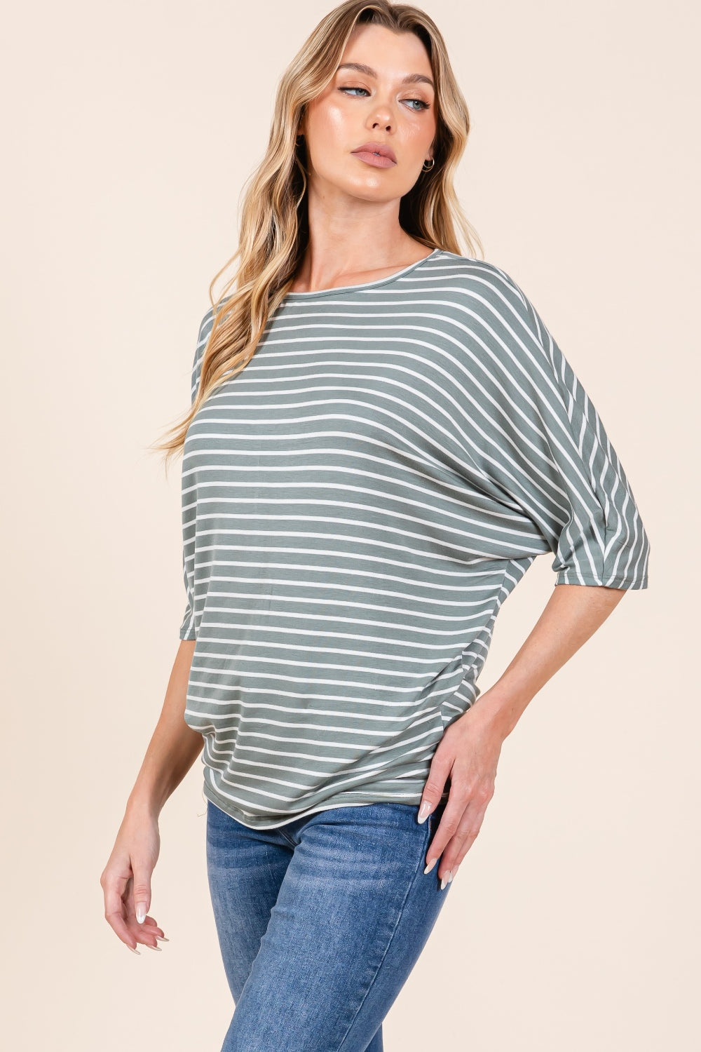 BOMBOM Casually Striped Boat Neck Dolman Sleeve Top in Dusty Olive