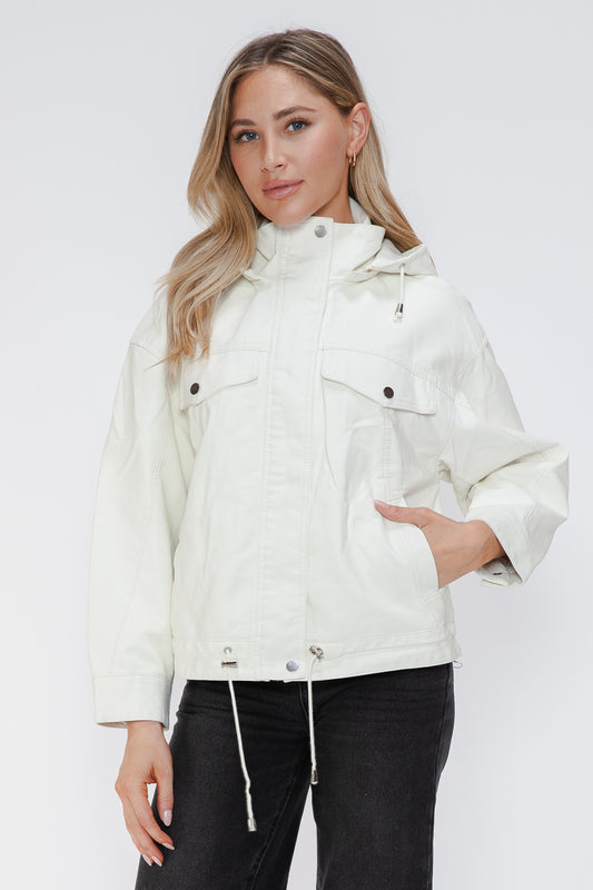 How Dare U My Favorite Layer Drawstring Hem PU Leather Zip Up Jacket in White