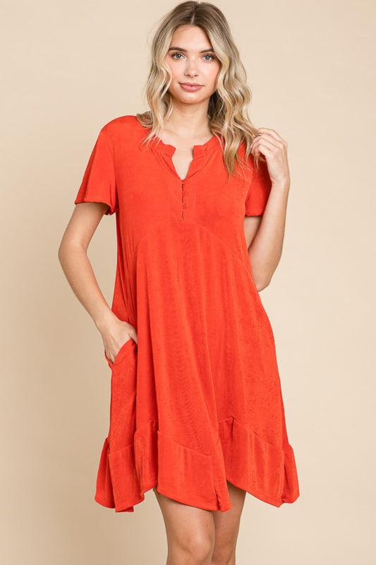 Culture Code Saving You Time Short Sleeve Ruffled Asymmetric Hem Dress in Scarlet