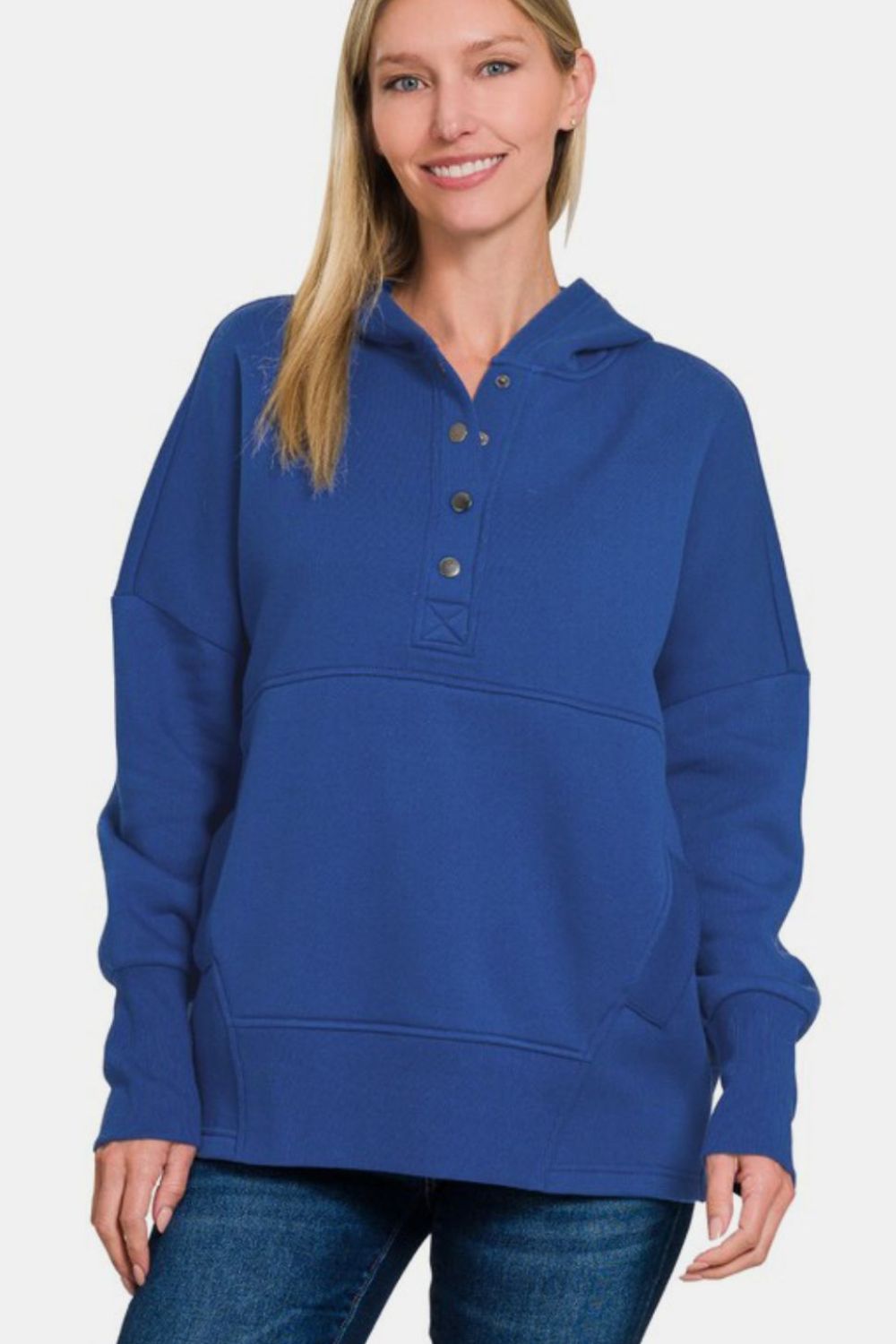 Zenana You Have My Heart Half Snap Long Sleeve Hoodie with Kangaroo Pocket in Navy