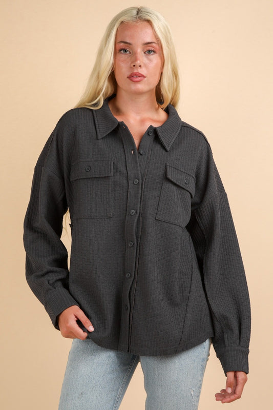VERY J I'm Covered Button Down Textured Knit Shacket in Charcoal