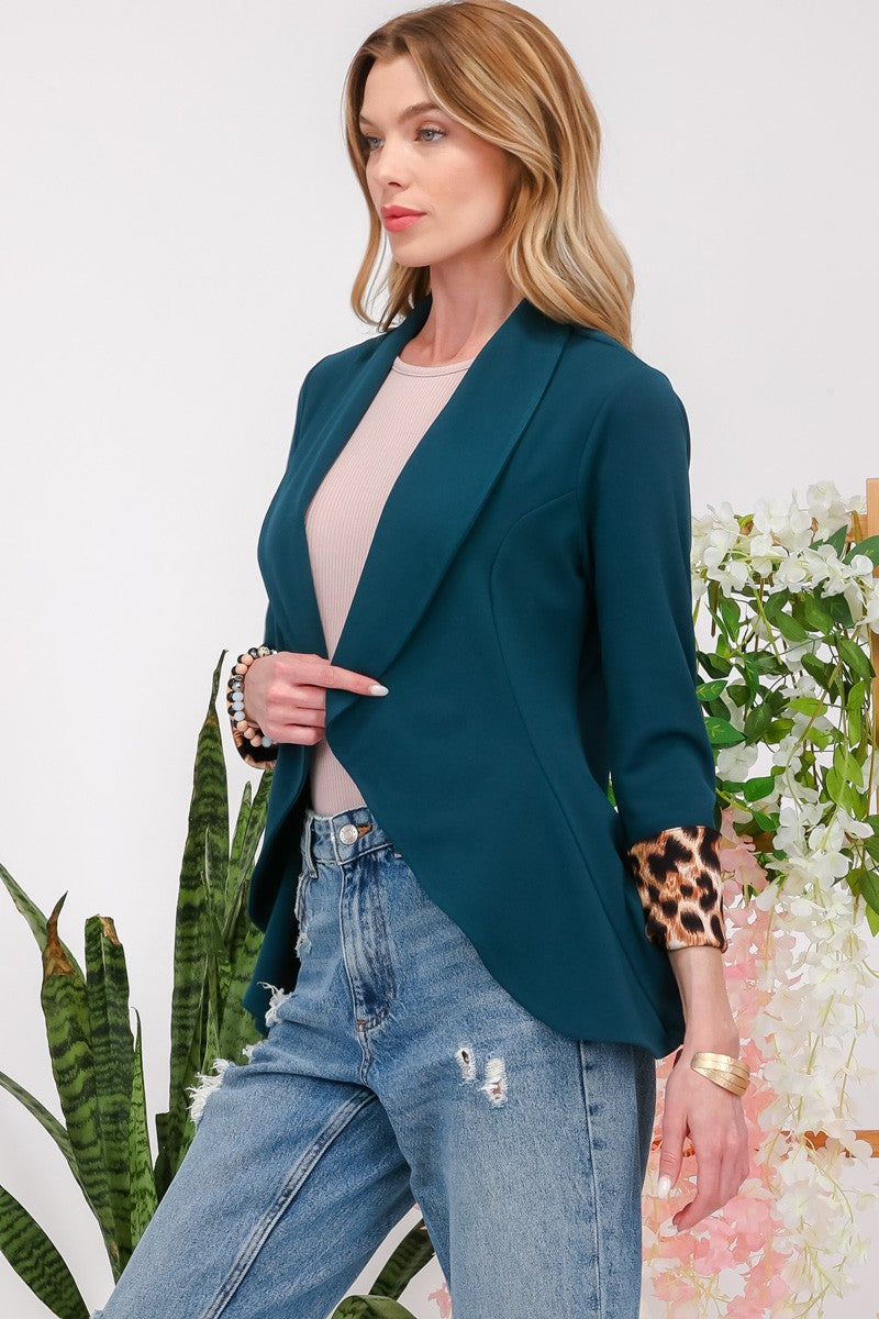 Celeste Conquer Yourself Rolled Leopard Cuff Open Front Blazer in Hunter Green