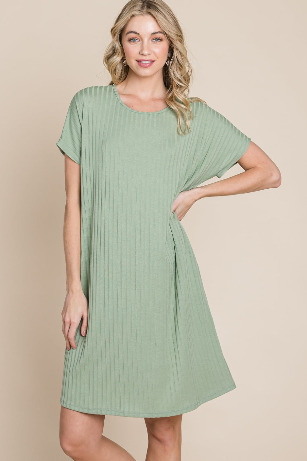 BOMBOM Breezy Day Ribbed Short Sleeve Dress with Pockets