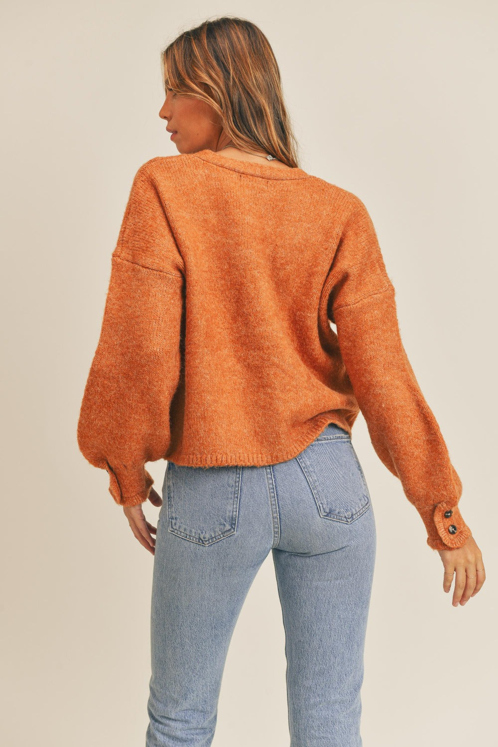 MABLE Buttoned Up Long Sleeve Button Down Sweater Cardigan in Rust