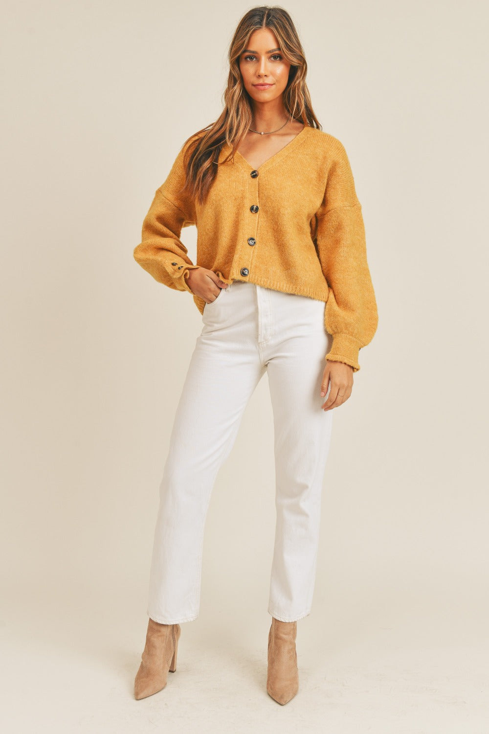 MABLE Buttoned Up Long Sleeve Button Down Sweater Cardigan in Mustard