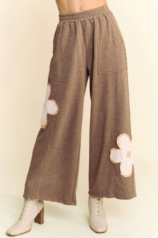 Davi & Dani Blushing Wild Flower Patch Elastic Waist Wide Leg Pants