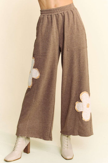 Davi & Dani Blushing Wild Flower Patch Elastic Waist Wide Leg Pants