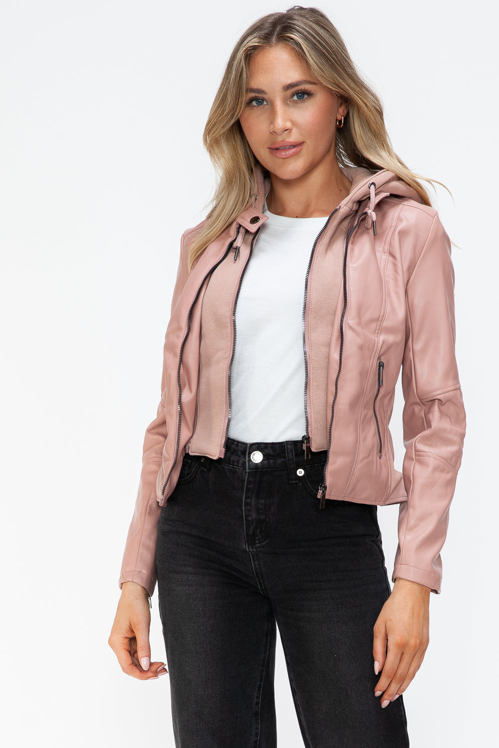 Snobbish Embrace The Day Faux Leather Zip Up Drawstring Hooded Jacket in Mauve