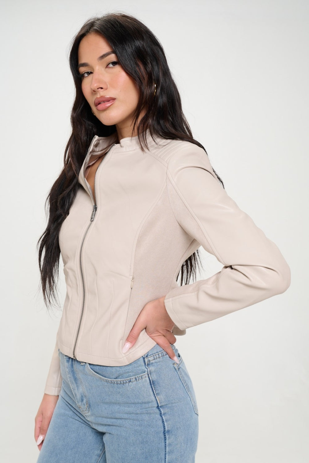Coalition LA Look Again Zip Up Vegan Leather Moto Jacket in Cream