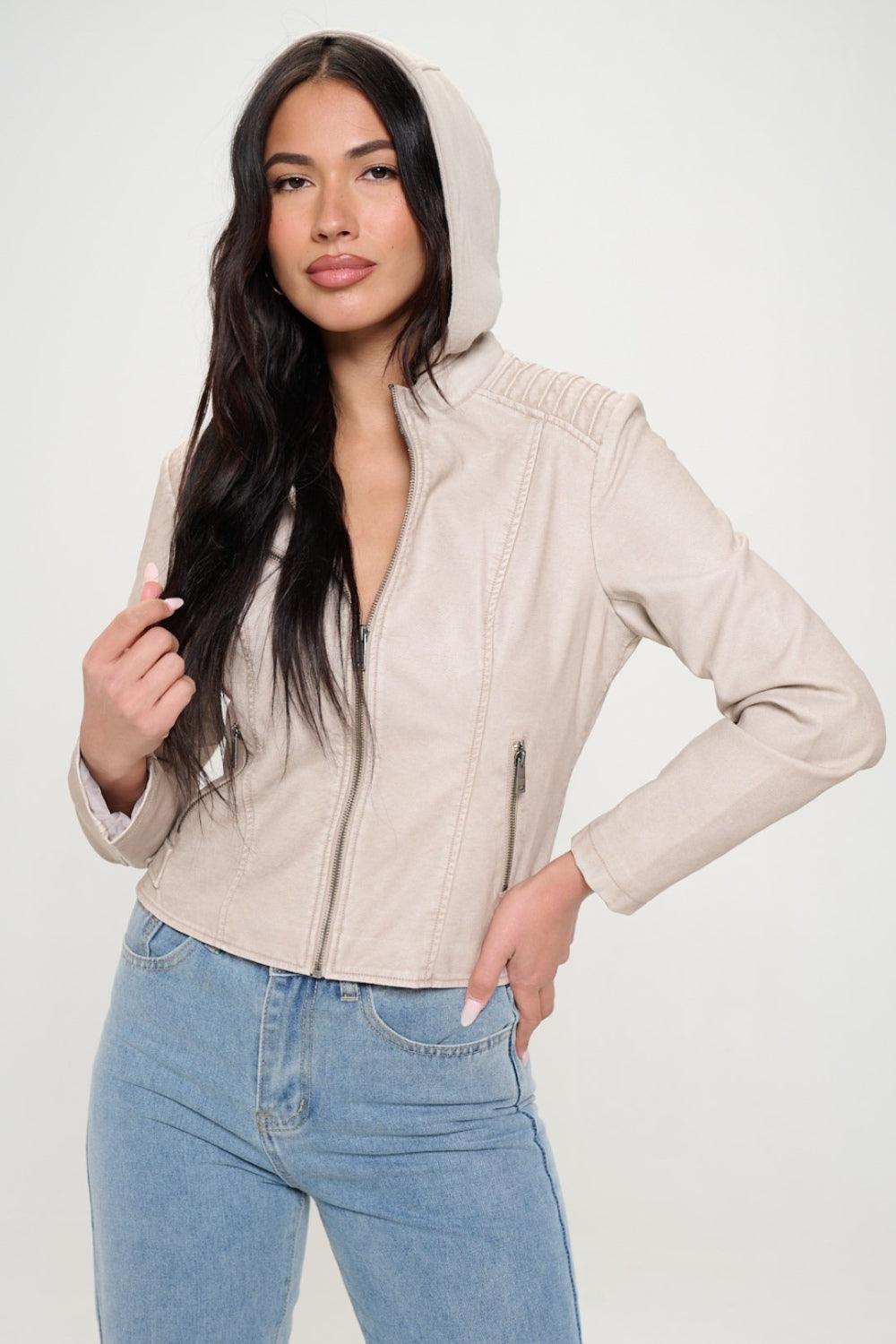 Coalition LA Come Alive Zip Up Hooded Jacket in Cream