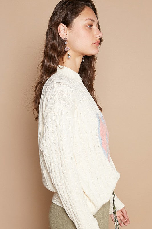 POL Peace and Love Cable-Knit Peace Patch Dropped Shoulder Sweater in Ivory