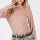 SAGE + FIG Add More Sparkle Glitter Mock Neck Lettuce Hem Long Sleeve Top in Apricot