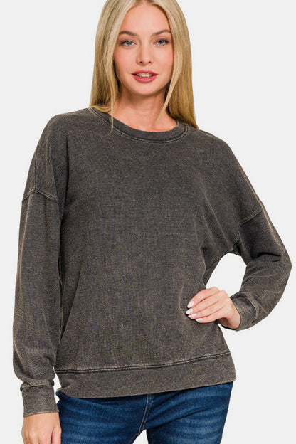 Zenana Laid Back Vibes Washed Dropped Shoulder Sweatshirt in Black