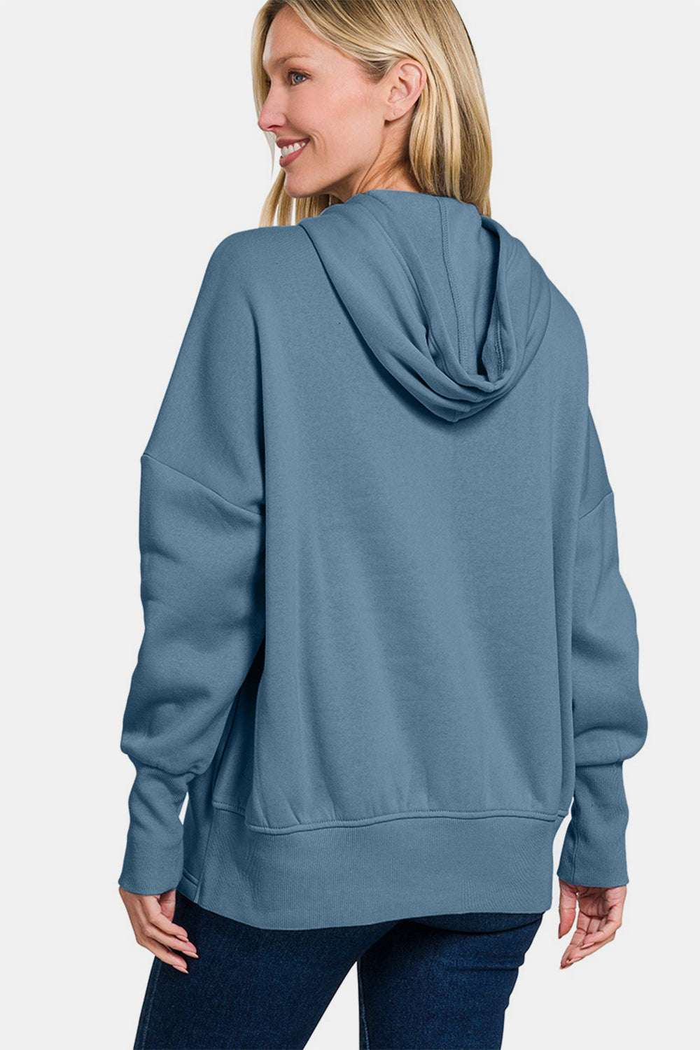 Zenana You Have My Heart Half Snap Long Sleeve Hoodie with Kangaroo Pocket in Dusty Blue