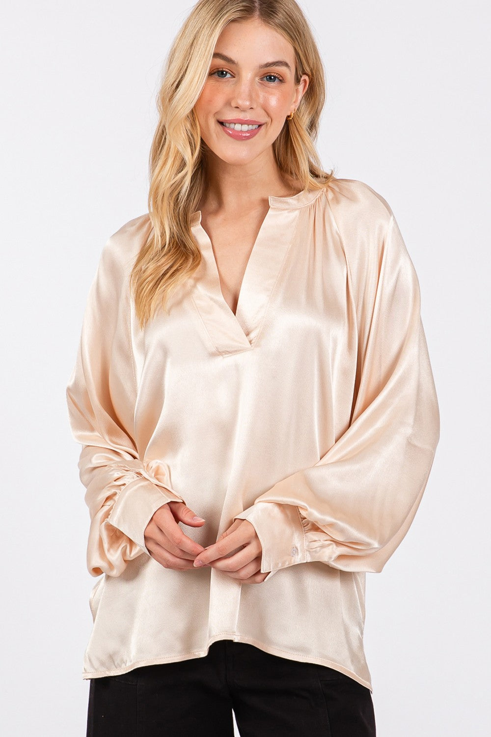 SAGE + FIG Champaign All Day Notched Long Sleeve Blouse