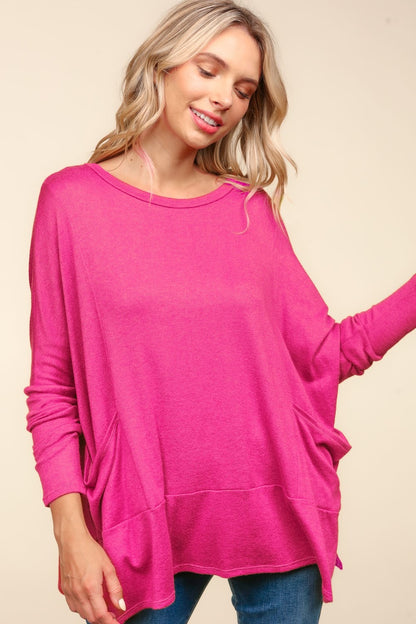 Haptics Fun and Free Dolman Long Sleeve Oversized Knit Top with Pockets in Fuchsia
