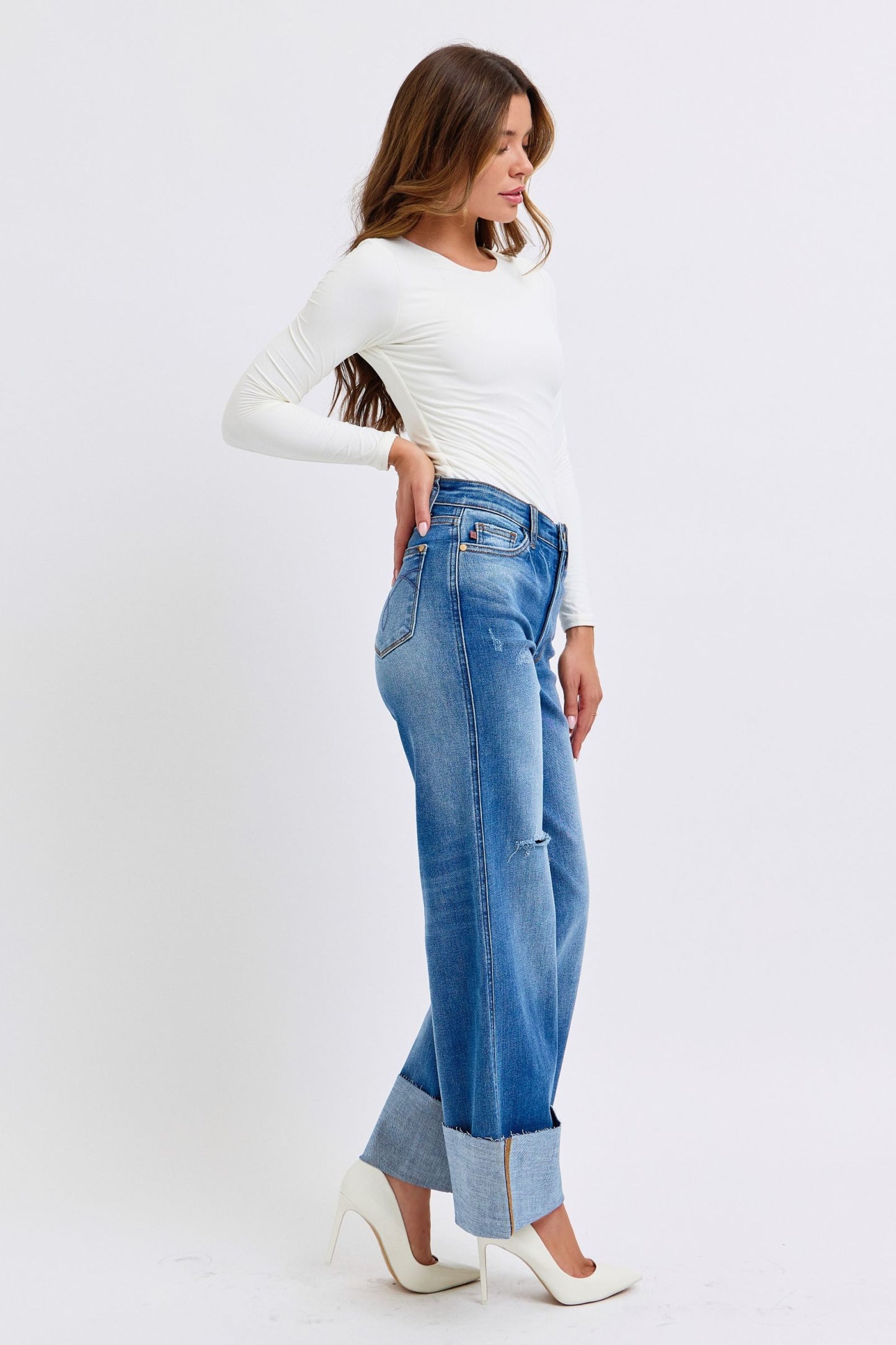 Judy Blue Rae Distressed High Waist Wide Leg Jeans