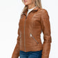 YMI Fuzzy Feels Faux Layered Double-Zipper Jacket with Fuzzy Hood in Camel