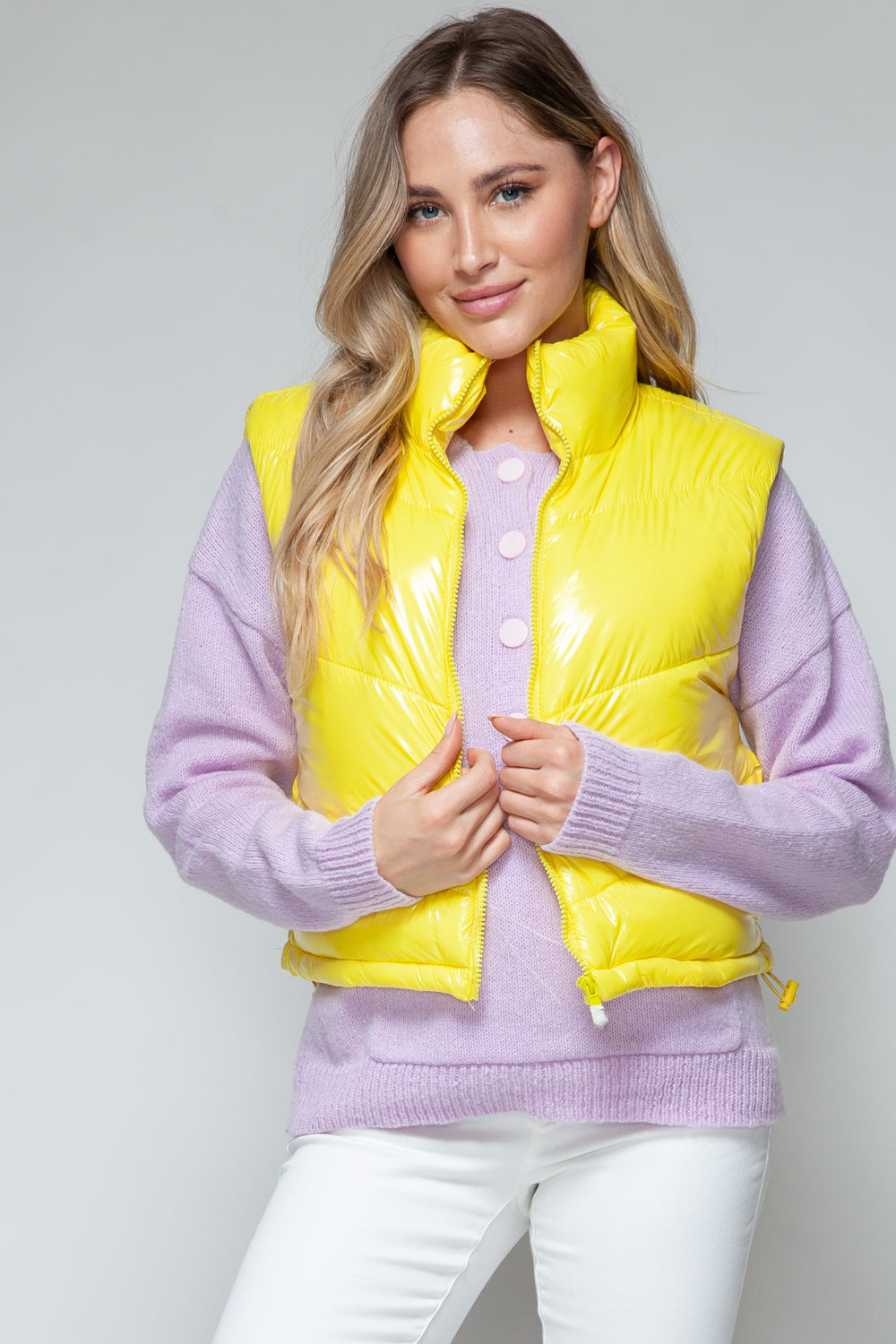 Snobbish A Quilted Touch Zip Up Turtleneck Shiny Quilted Vest in Yellow
