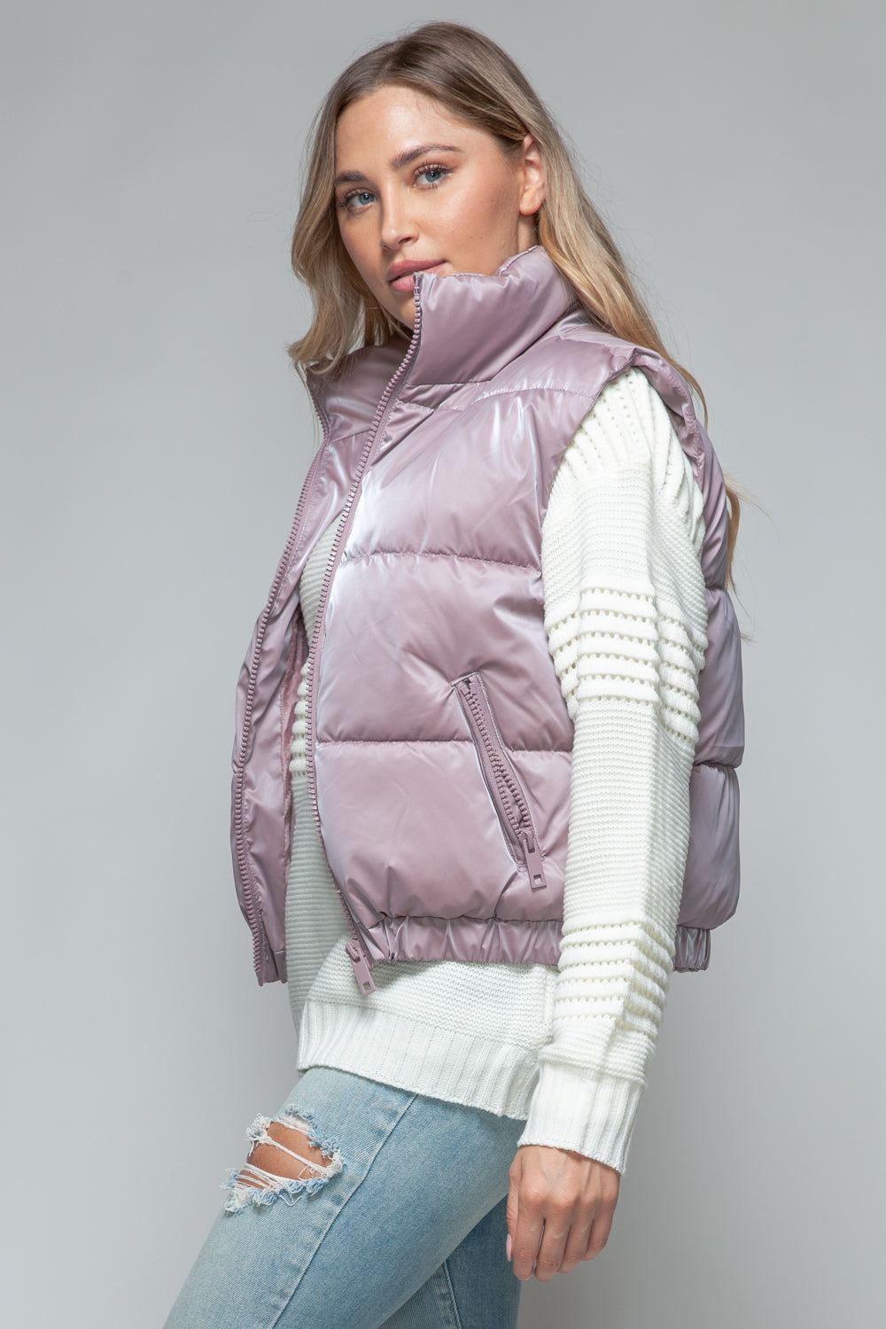 Snobbish Me and My Puffer Fine Fur Lining Quilted Vest in Dark Rose