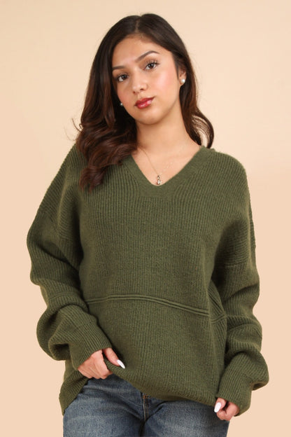 VERY J Keep It Comfy Seam Detail Drop Shoulder Hooded Sweater in Olive