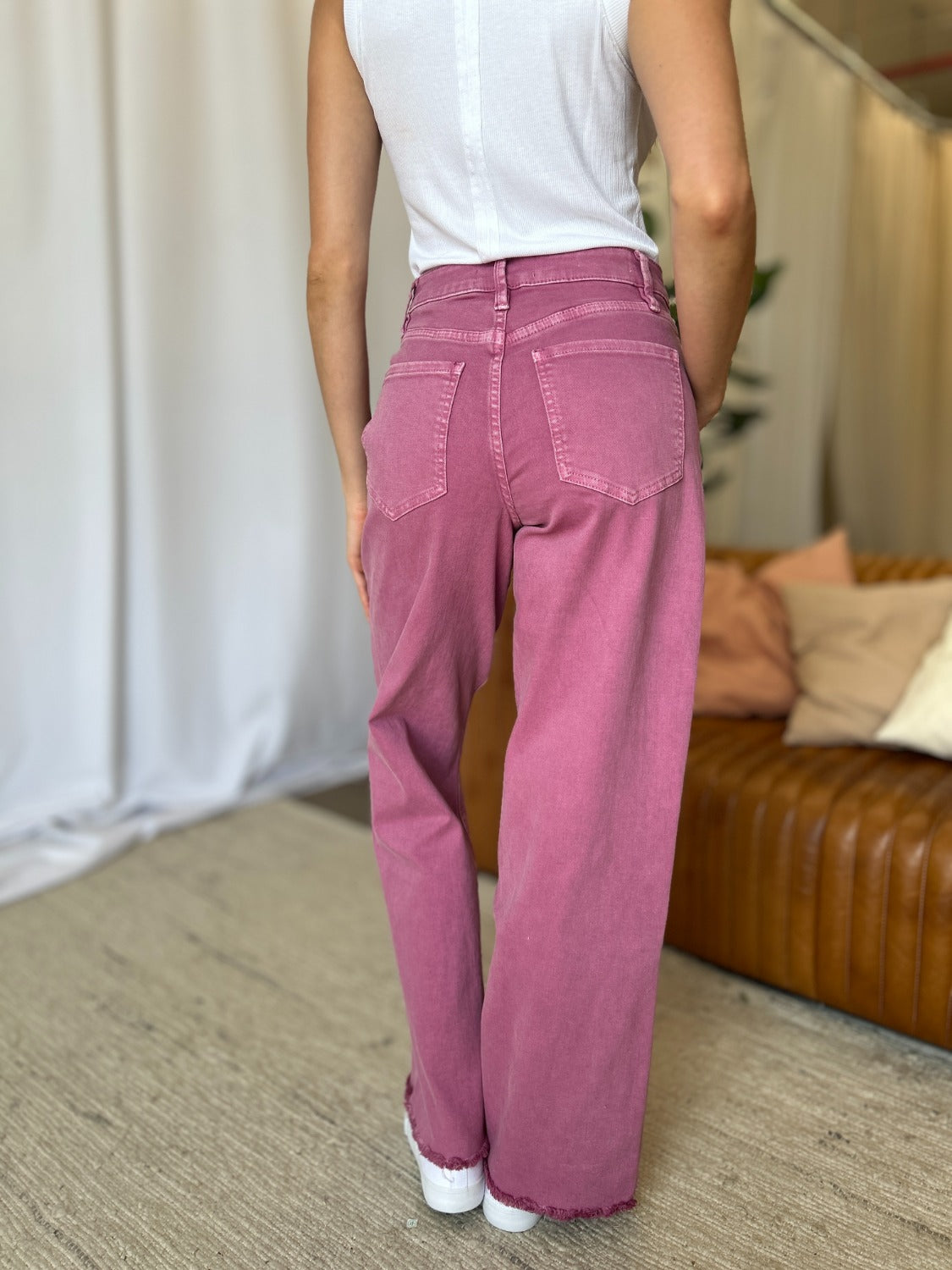 RFM Raelene High Rise Garment Dye Wide Leg Jeans in French Rose