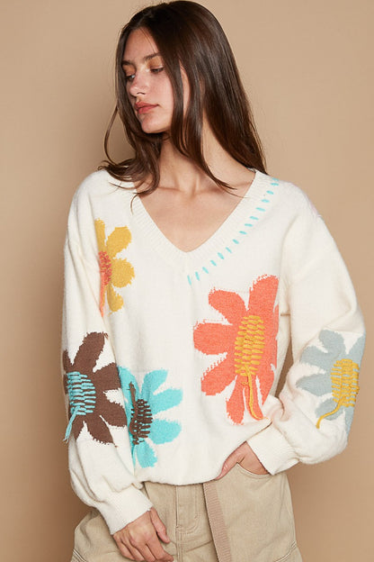 POL Flowers in my Heart V-Neck Long Sleeve Flower Fringe Sweater in Ivory