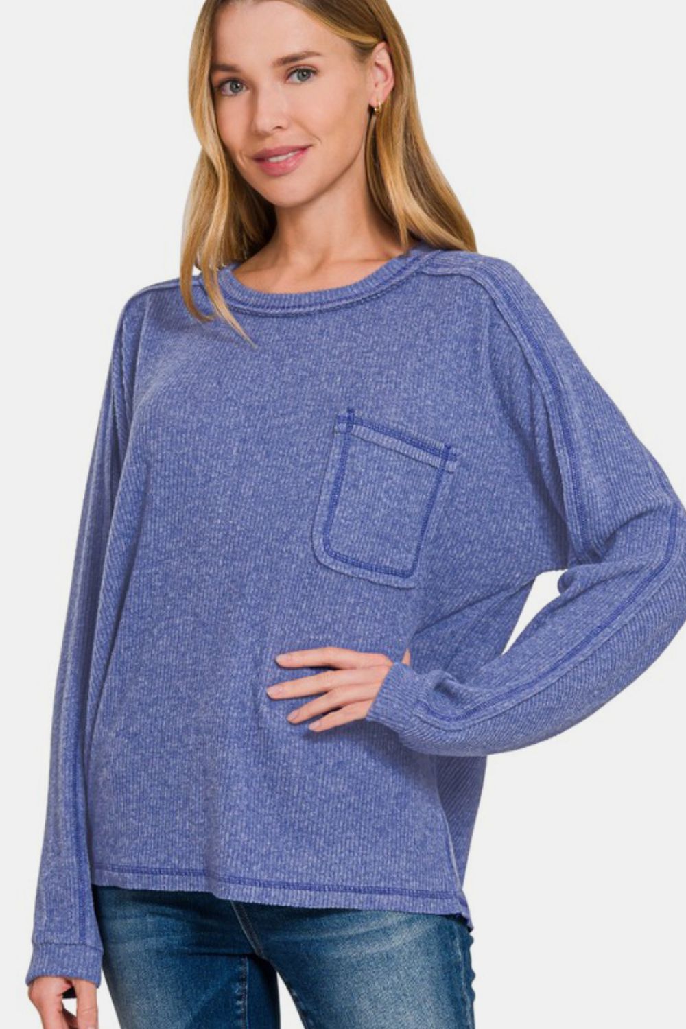 Zenana Cozy Unfiltered Contrast Stitching Brushed Ribbed Hacci Knit Top in Blue Purple