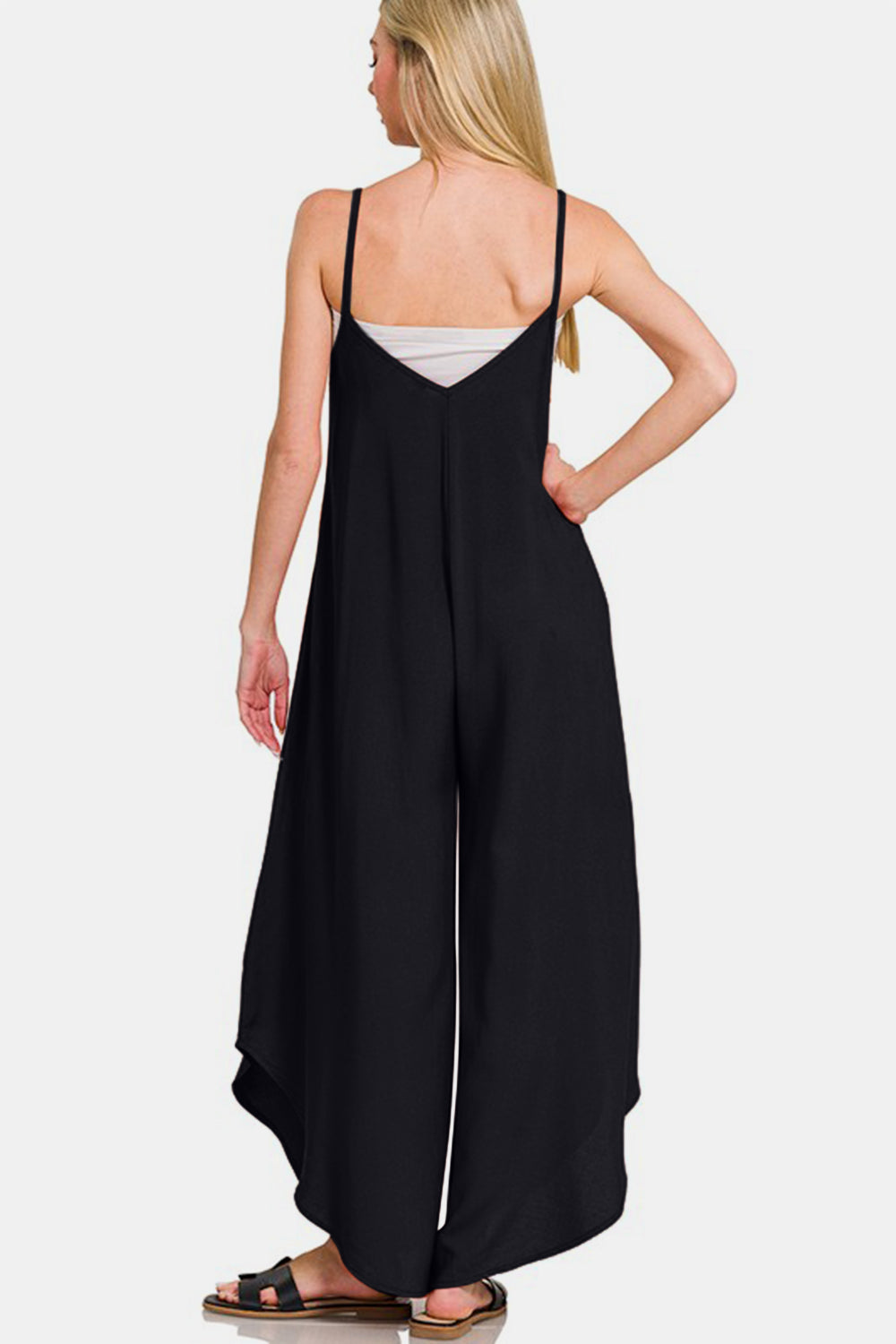 Zenana My Vibe Spaghetti Strap Wide Leg Overalls with Pockets in Black