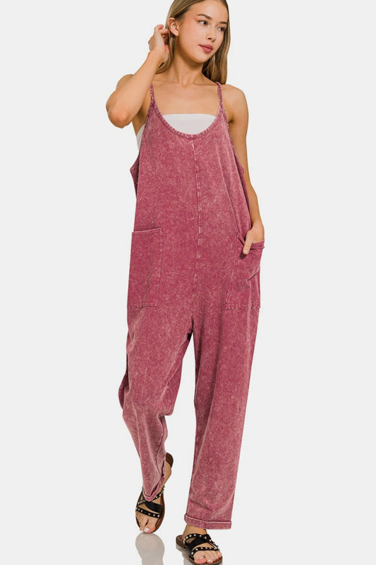 Zenana Oh Hey Funday Washed Spaghetti Straps Overalls with Pockets in Dark Burgundy