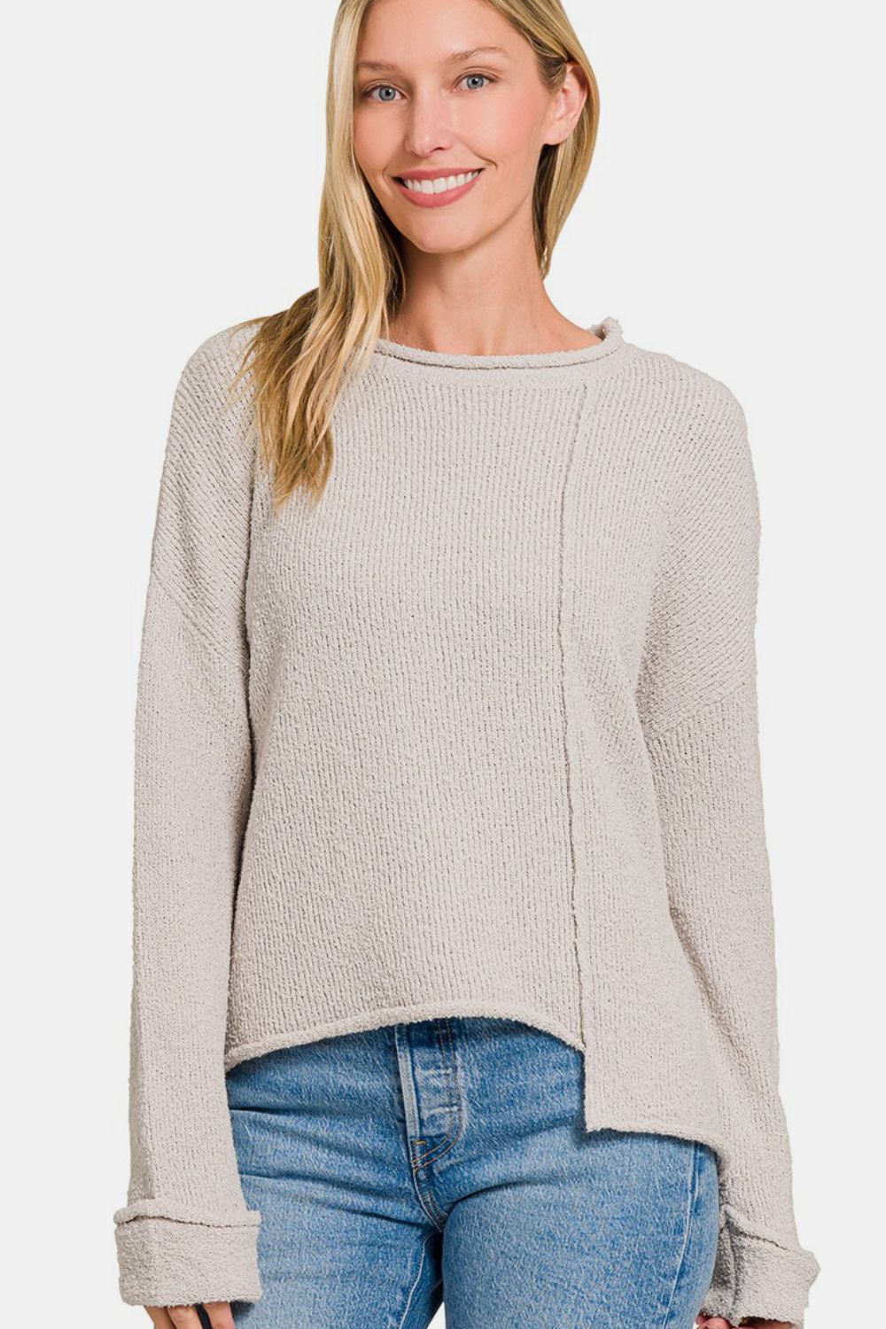 Zenana Wild Wonderland Asymmetric Hem Drop Shoulder Sweater in Bone