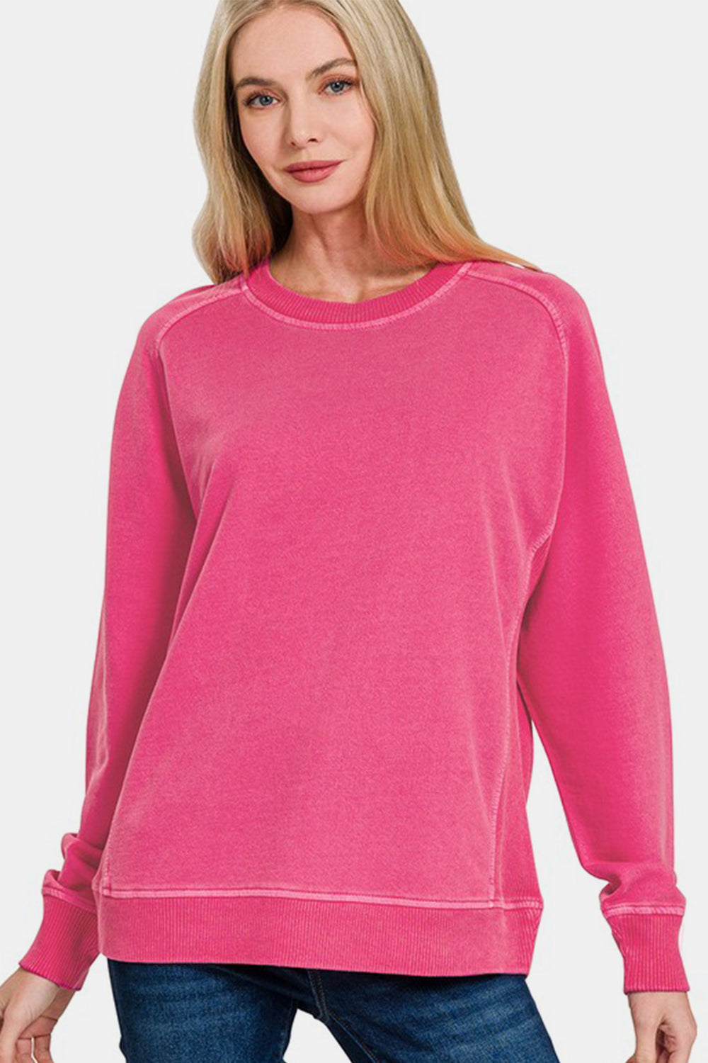 Zenana Hot Pink Cuddles Pigment Dyed French Terry Sweatshirt