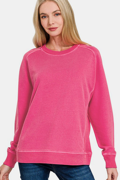 Zenana Hot Pink Cuddles Pigment Dyed French Terry Sweatshirt