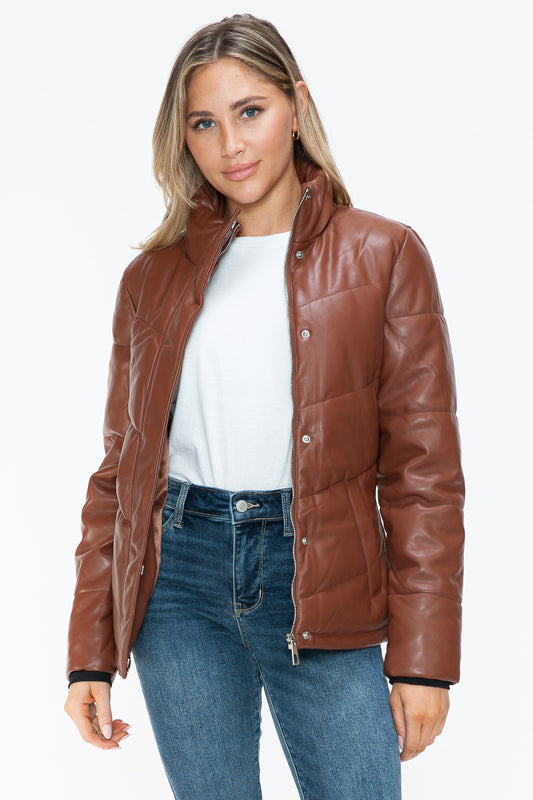 Snobbish Puffer Love Pocketed Zip Up Turtleneck Puffer Jacket in Brandy