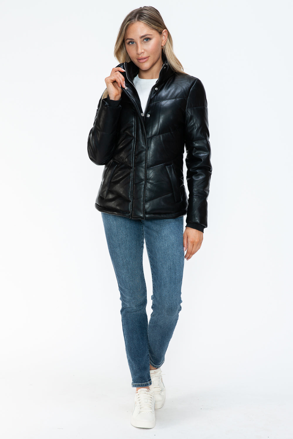 Snobbish Puffer Love Pocketed Zip Up Turtleneck Puffer Jacket in Black