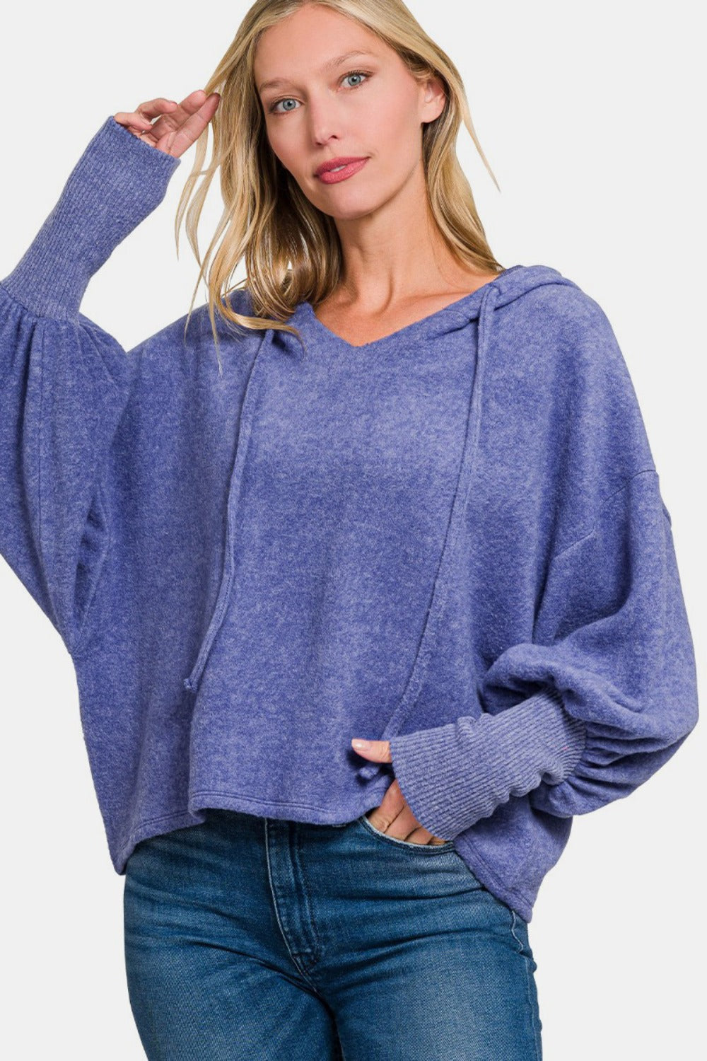 Zenana Brushed Perfection Hacci Drop Shoulder Cropped Hoodie in Marlin