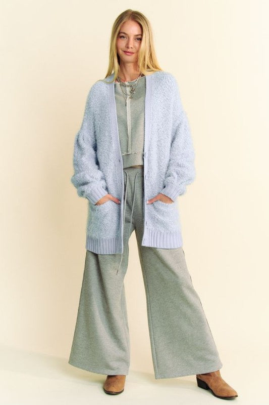 Davi & Dani Ribbed and Ready Ribbed Hem Button Up Long Sleeve Cardigan
