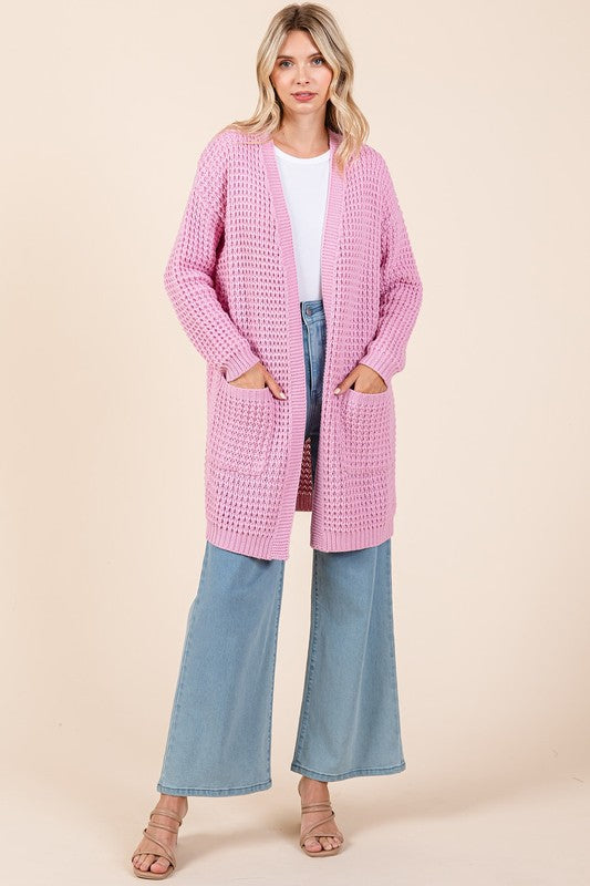 Mittoshop Cozy Hug Open Front Long Sleeve Longline Cardigan in Pink