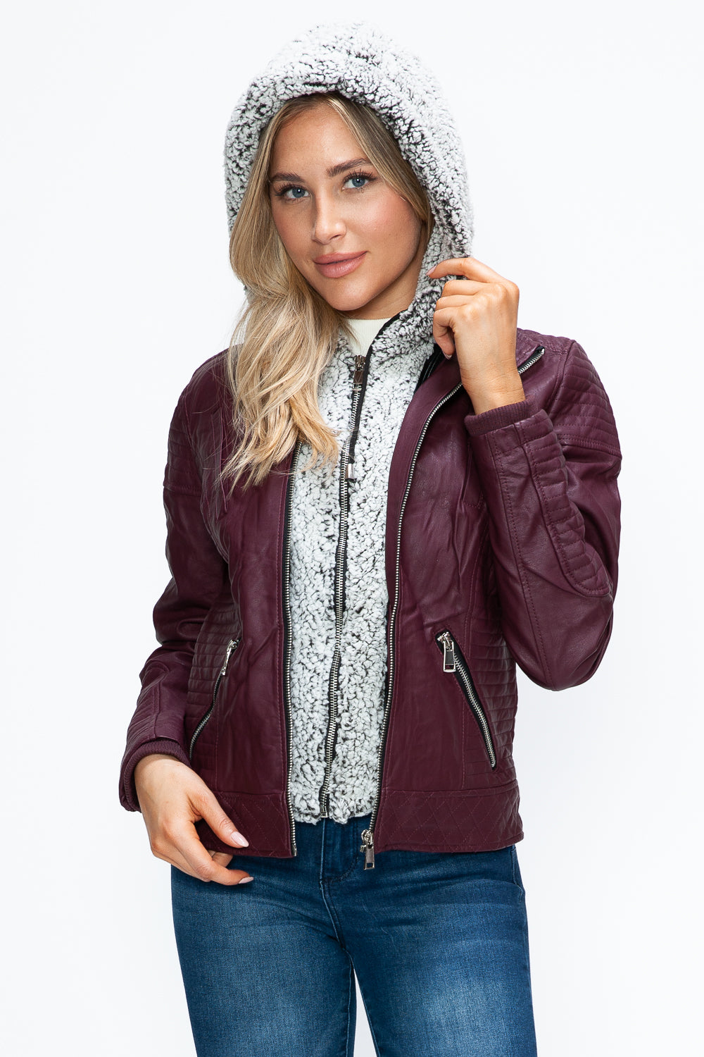 YMI Fuzzy Feels Faux Layered Double-Zipper Jacket with Fuzzy Hood in Wine