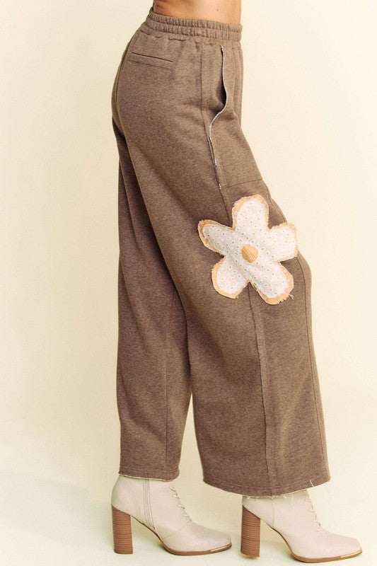 Davi & Dani Blushing Wild Flower Patch Elastic Waist Wide Leg Pants