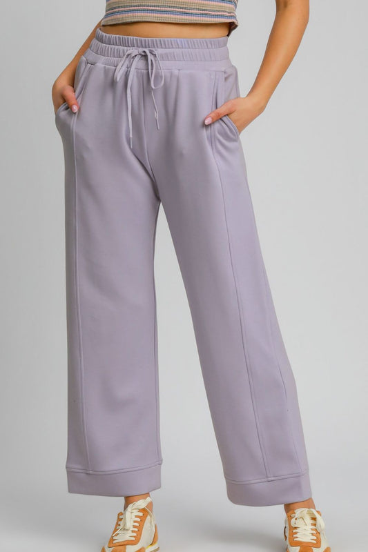 Umgee Too Glam To Give A Damn Drawstring Elastic Waist Wide Leg Pants in Lavender