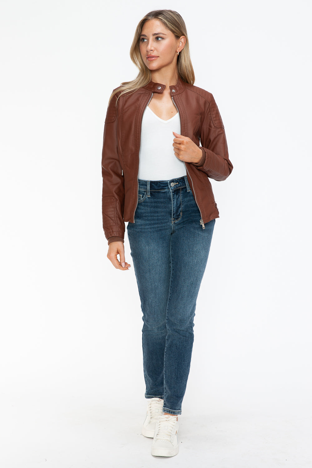Snobbish A Wild Ride Faux Leather Biker Jacket with Side Zip Pockets in Brandy