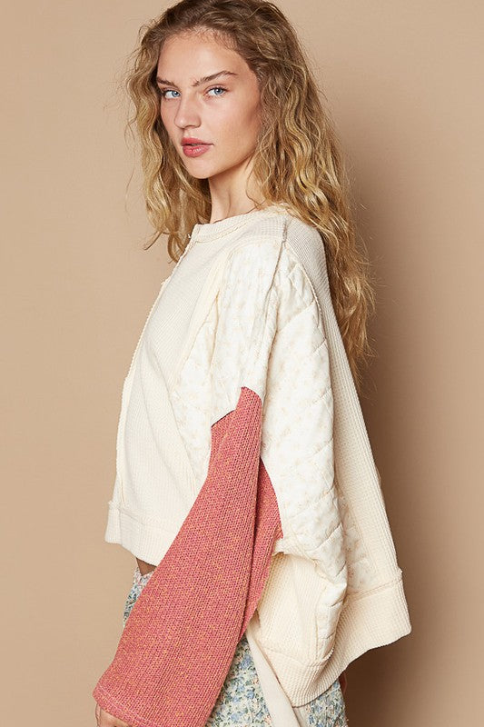 POL Standout Charm Waffle-Knit Contrast Notched Neck Long Sleeve Knit Top in Cream Multicolor