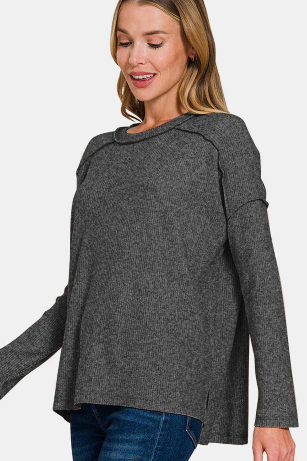 Zenana Cozy Season Exposed Seam Brushed Sweater in Black