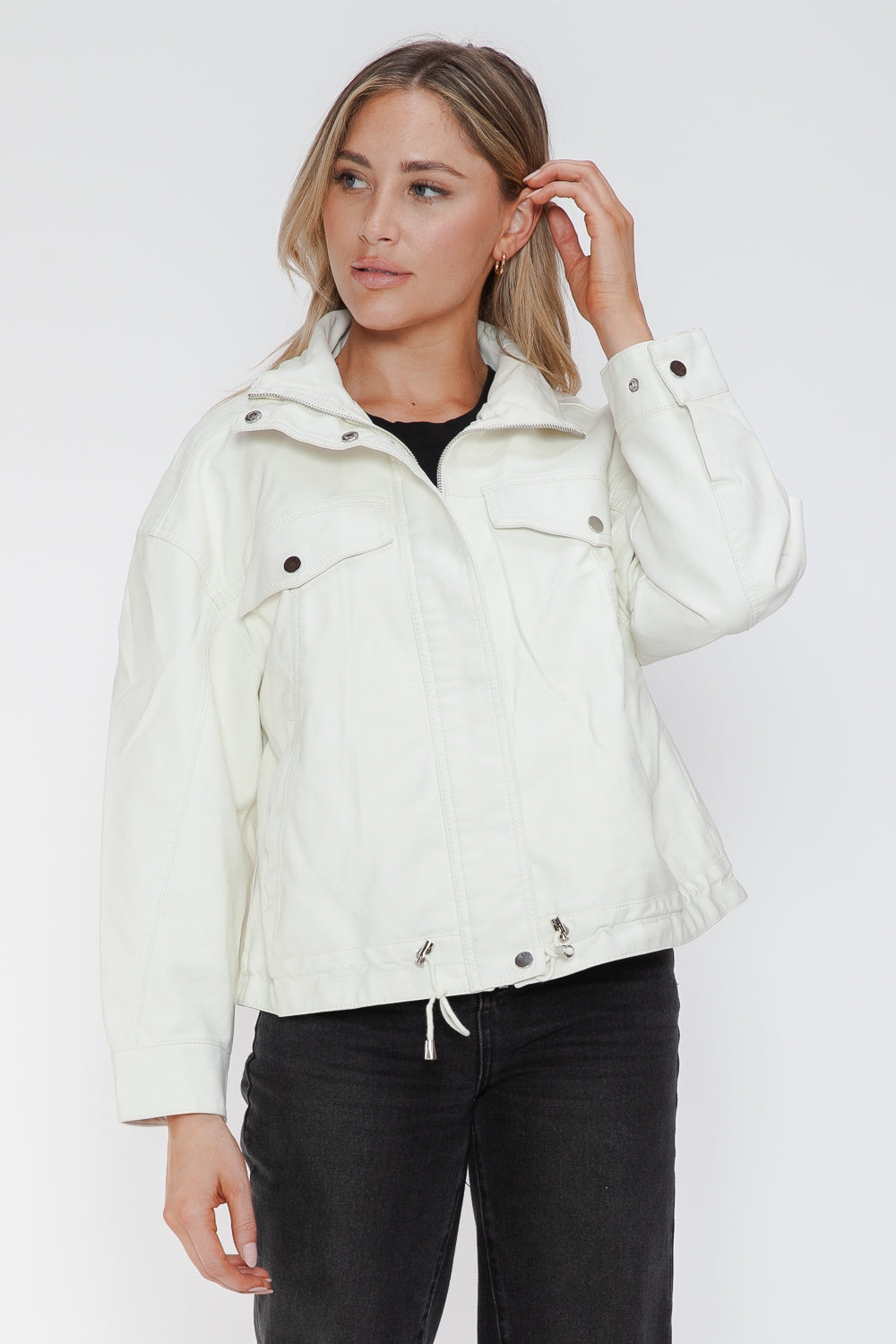 How Dare U My Favorite Layer Drawstring Hem PU Leather Zip Up Jacket in White