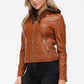 Snobbish Embrace The Day Faux Leather Zip Up Drawstring Hooded Jacket in Camel