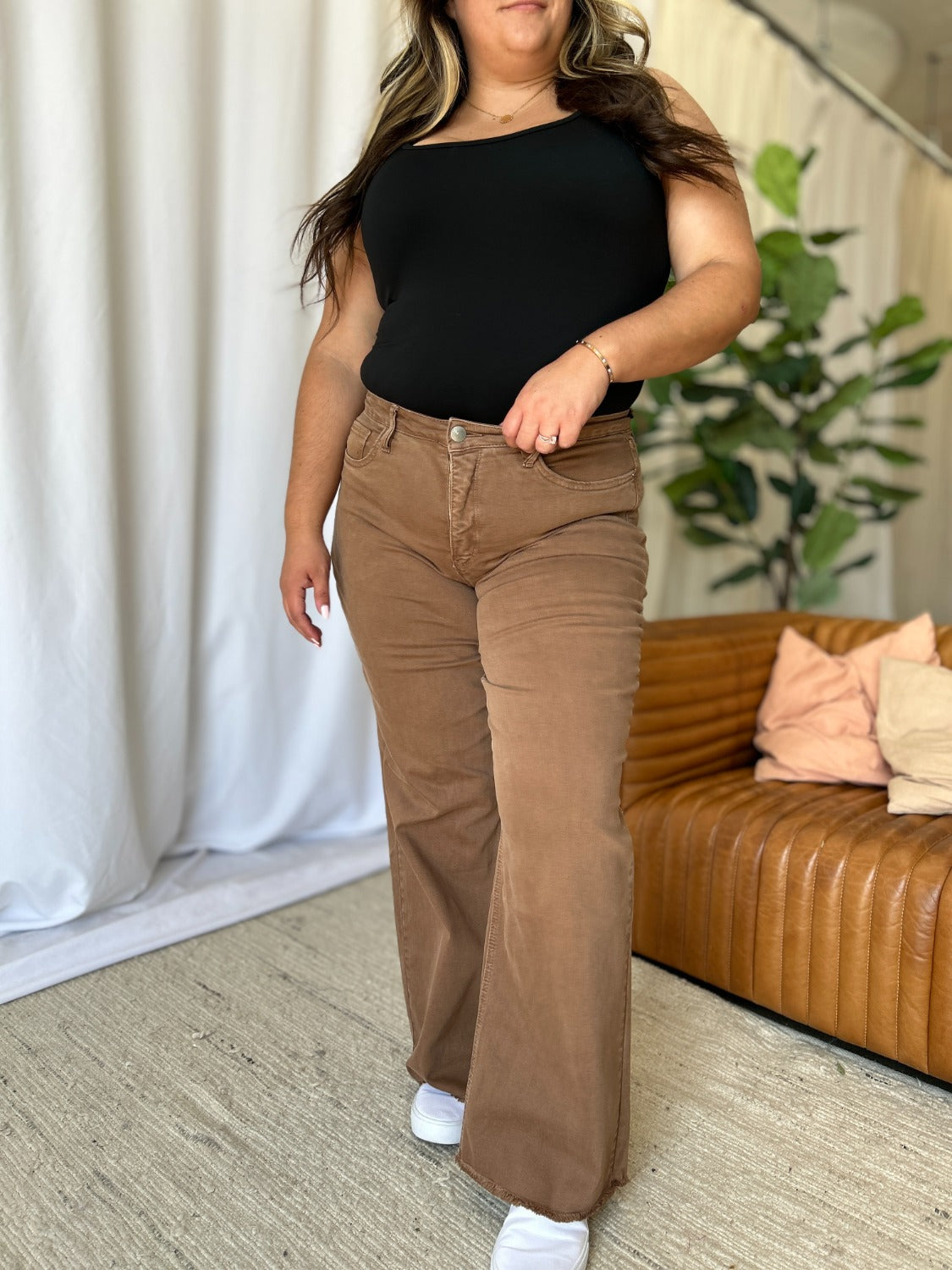 RFM Dawn High Rise Garment Dye Wide Leg Jeans in Coffee