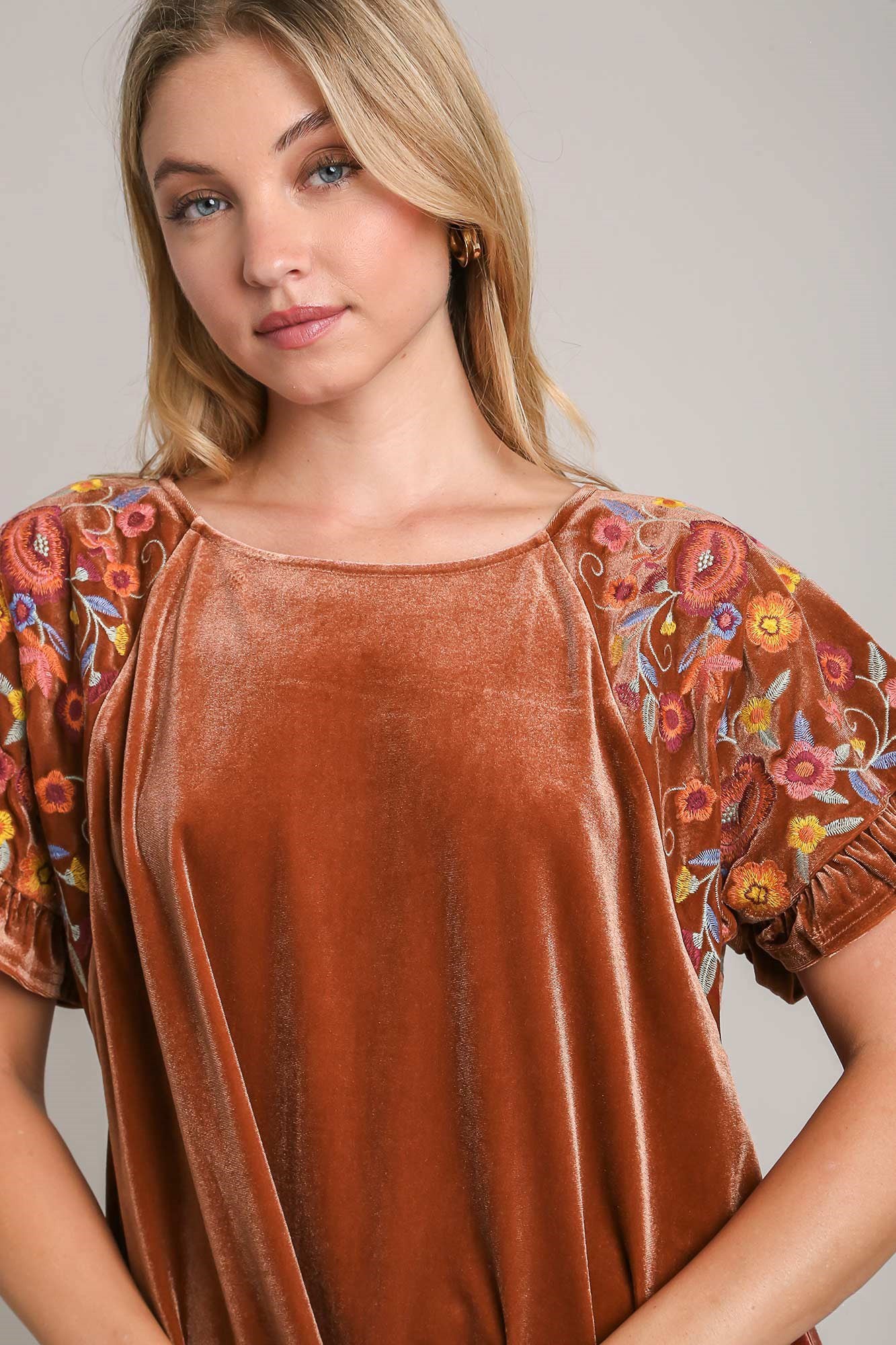 Umgee Tells A Story Velvet Embroidery Short Sleeve Blouse in Brown