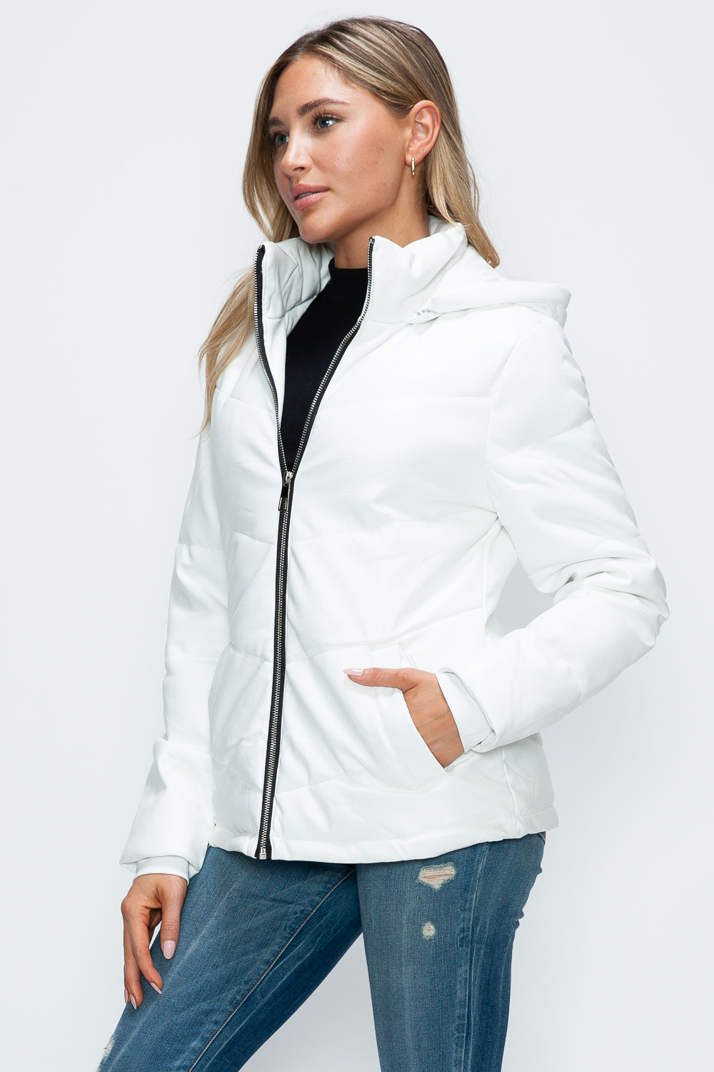 How Dare U Embrace The Chill Pocketed Zip Up Puffer Jacket with Removable Hood in White