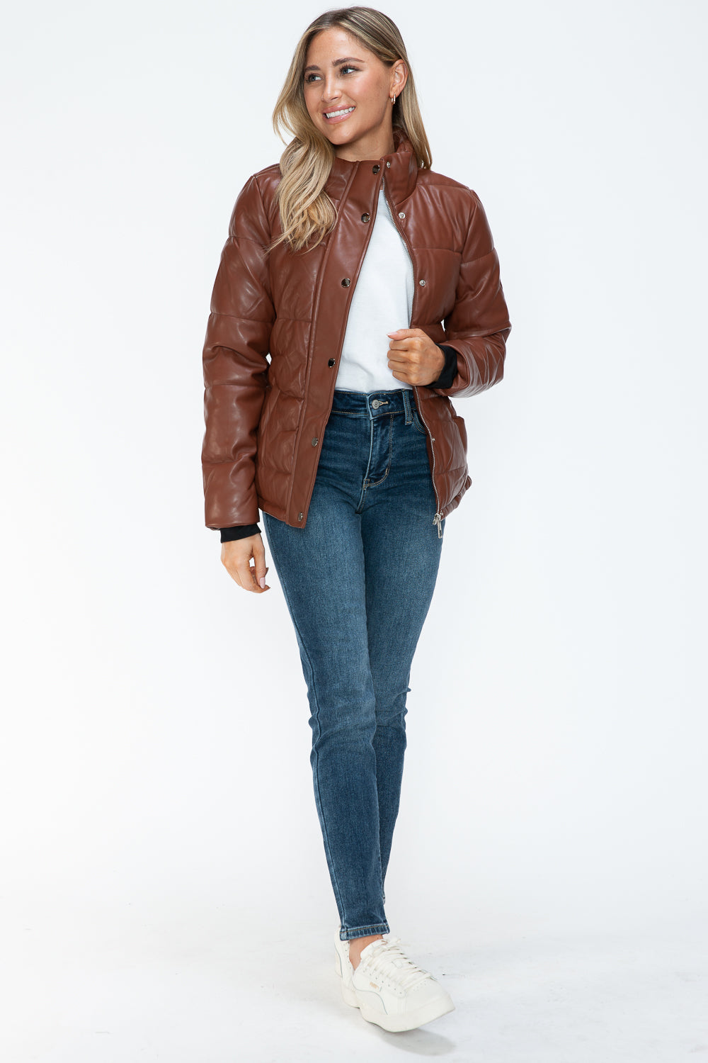 YMI Cozy Perfection Pocketed Zip Up Turtleneck Puffer Jacket in Brandy